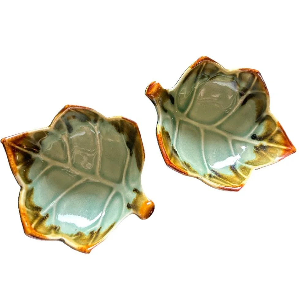 2 Mini Leaf Bowls Table Smalls Salt Condiments Dipping Dish Brown Green EC